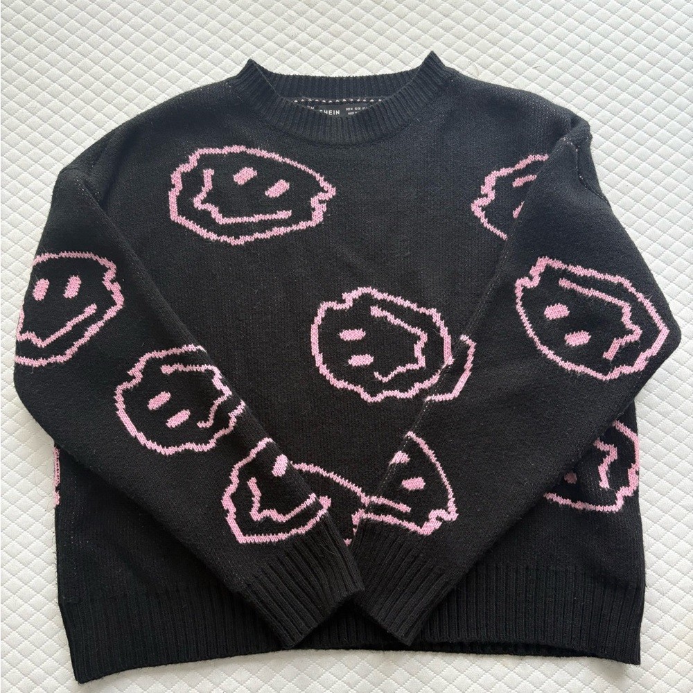 SHEIN Black Sweater with Pink Smiley Faces